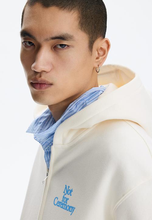 H&M - Loose fit boxy zip-through hoodie - white/not for ceremony