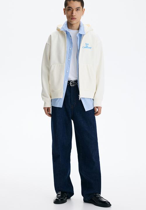 H&M - Loose fit boxy zip-through hoodie - white/not for ceremony