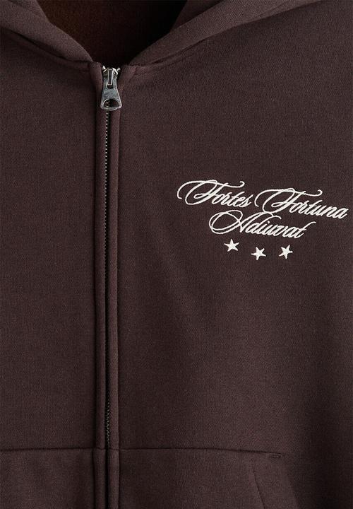 H&M - Loose fit boxy zip-through hoodie - dark brown/fortes fortuna