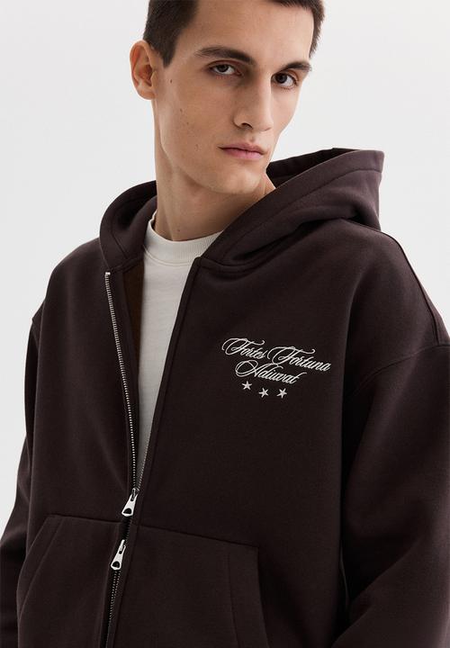 H&M - Loose fit boxy zip-through hoodie - dark brown/fortes fortuna