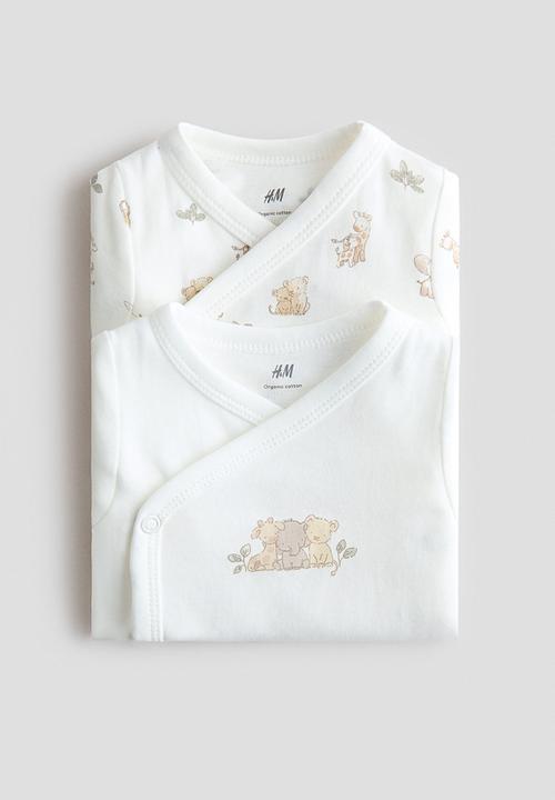 H&M - 2-pack wrapover bodysuits - white/animals