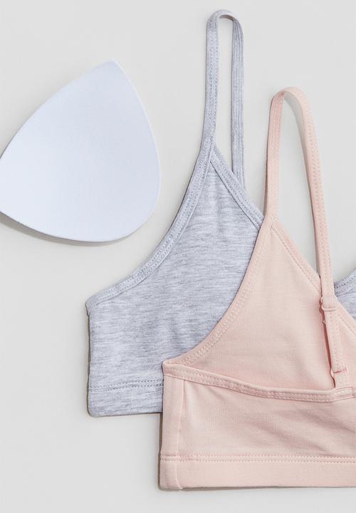 H&M - 2-pack padded crop tops - light pink/light grey marl