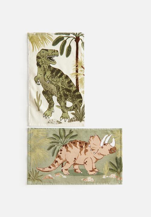 H&M - 2-pack print-motif guest towels - beige/dinosaurs