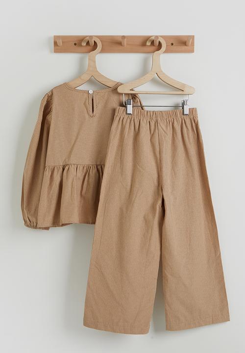 Pop Candy - Striped bow detail blouse with elasticated pants - wheat brown