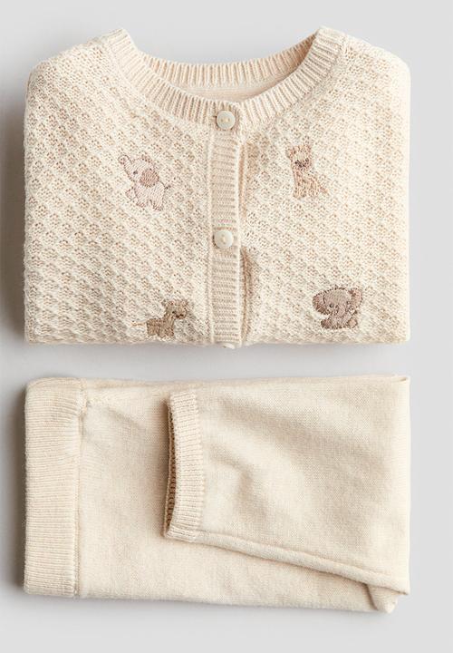H&M - 2-piece embroidery-detail cotton set - light beige/animals