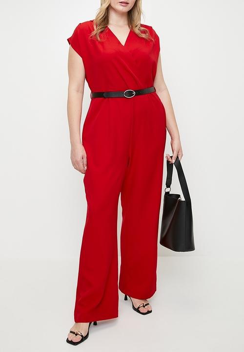 Trendyol - Plus size belted double breasted collar plus size woven jumpsuit  - red