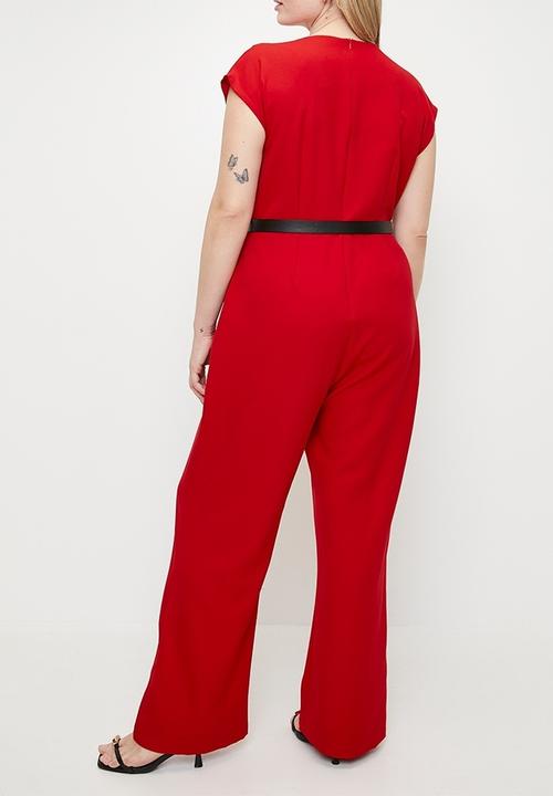 Trendyol - Plus size belted double breasted collar plus size woven jumpsuit  - red