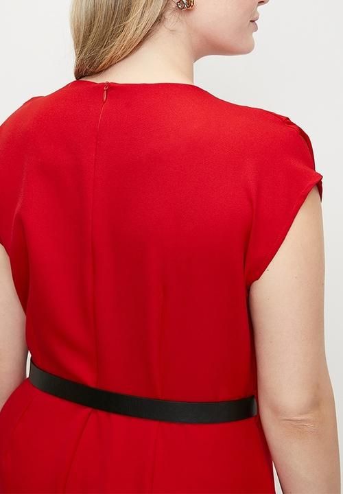 Trendyol - Plus size belted double breasted collar plus size woven jumpsuit  - red