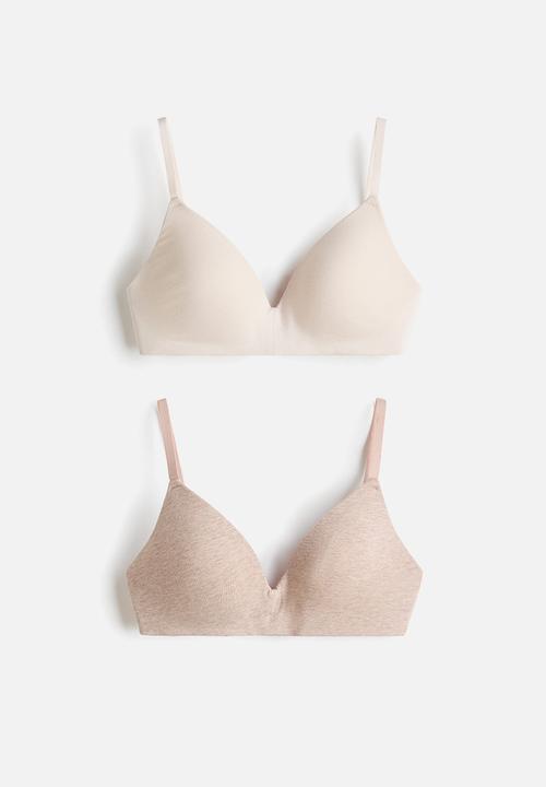 H&M - 2-pack padded non-wired cotton bras - light beige marl/cream