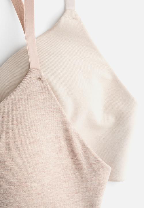 H&M - 2-pack padded non-wired cotton bras - light beige marl/cream