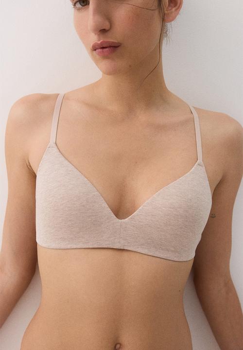 H&M - 2-pack padded non-wired cotton bras - light beige marl/cream