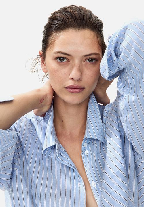 H&M - Linen-blend shirt - light blue/striped