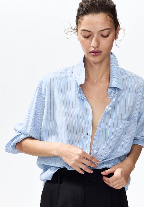 H&M - Linen-blend shirt - light blue/striped