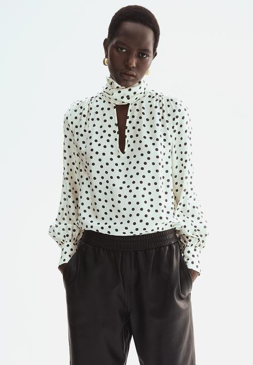 H&M - Tie-neck chiffon blouse - white/polka dot
