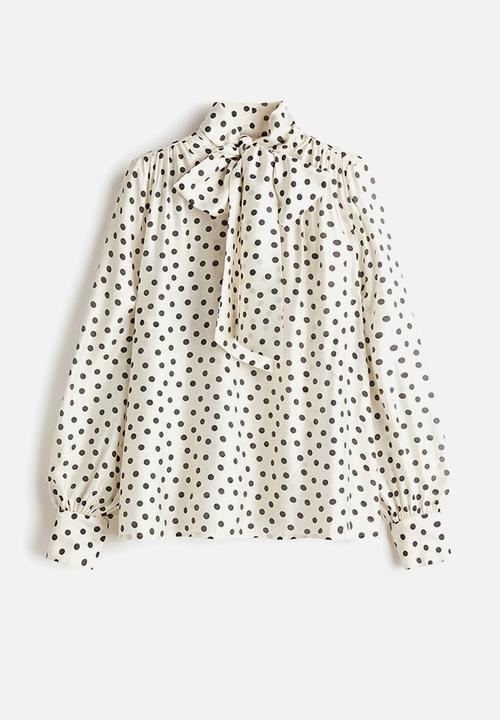 H&M - Tie-neck chiffon blouse - white/polka dot