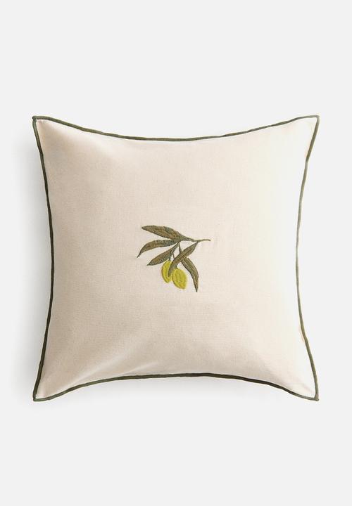 H&M - Embroidery-motif cotton cushion cover - light beige/olives