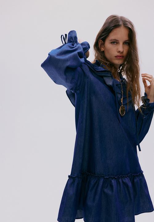 H&M - Frill-trimmed denim dress - dark denim blue