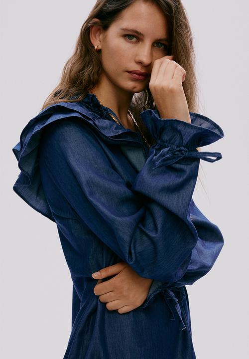 H&M - Frill-trimmed denim dress - dark denim blue