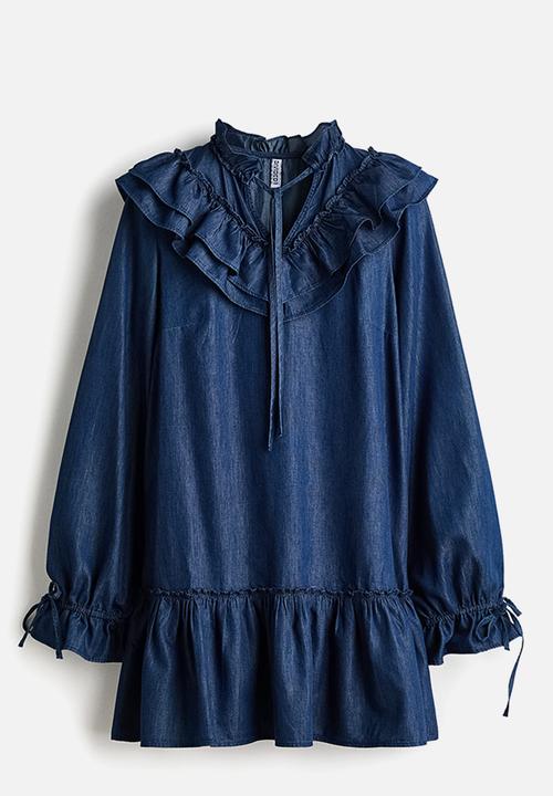 H&M - Frill-trimmed denim dress - dark denim blue