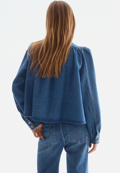 H&M - Puff-sleeved twill jacket - denim blue