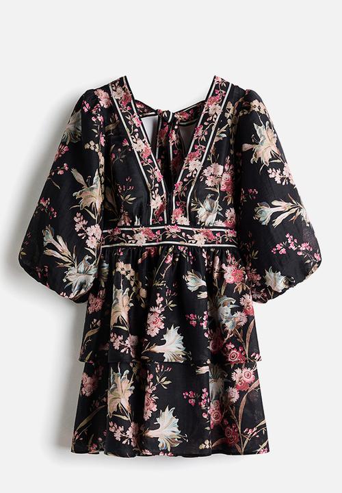 H&M - Linen-blend dress - black/floral