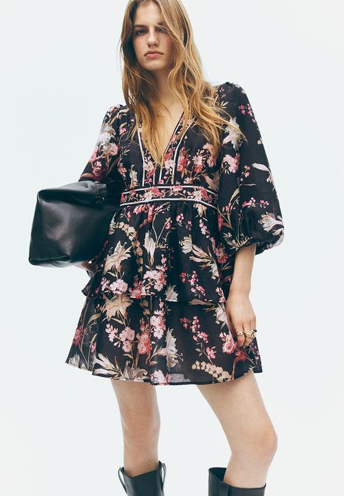 H&M - Linen-blend dress - black/floral