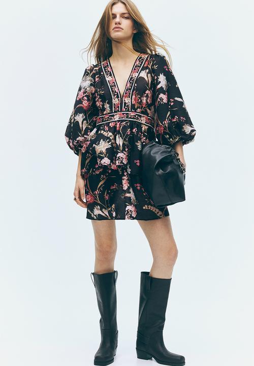 H&M - Linen-blend dress - black/floral