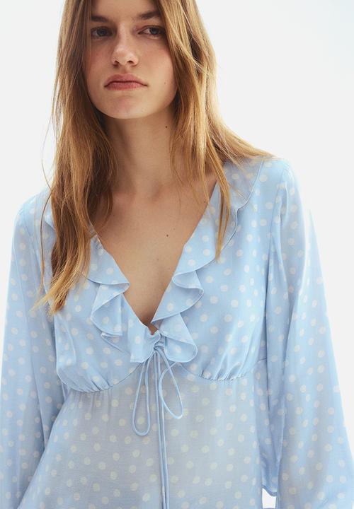 H&M - Flounce-trimmed blouse - light blue/polka dot