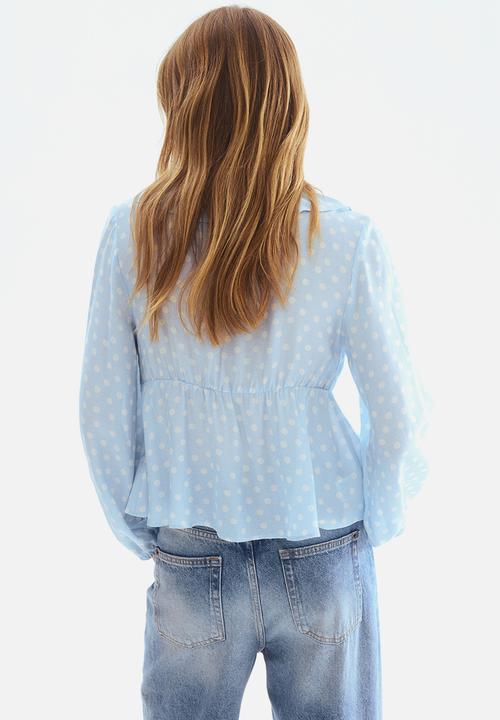 H&M - Flounce-trimmed blouse - light blue/polka dot