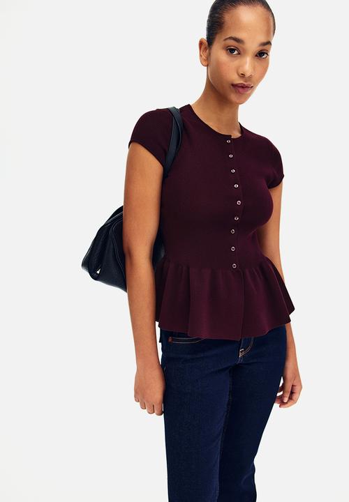 H&M - Short-sleeved peplum cardigan - burgundy