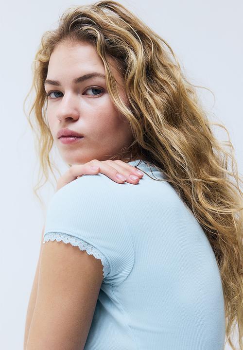 H&M - Lace-trimmed viscose T-shirt - light blue