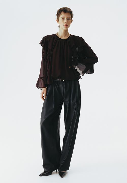 H&M - Sheer flounce-trimmed blouse - dark brown