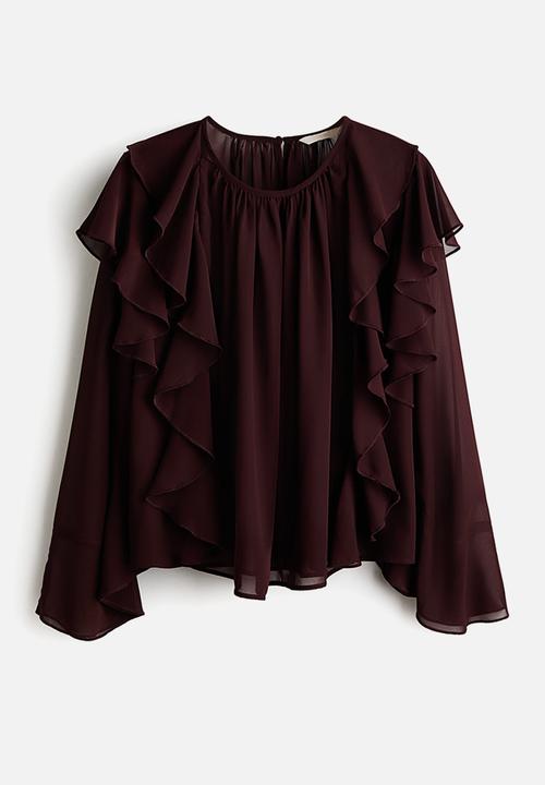 H&M - Sheer flounce-trimmed blouse - dark brown
