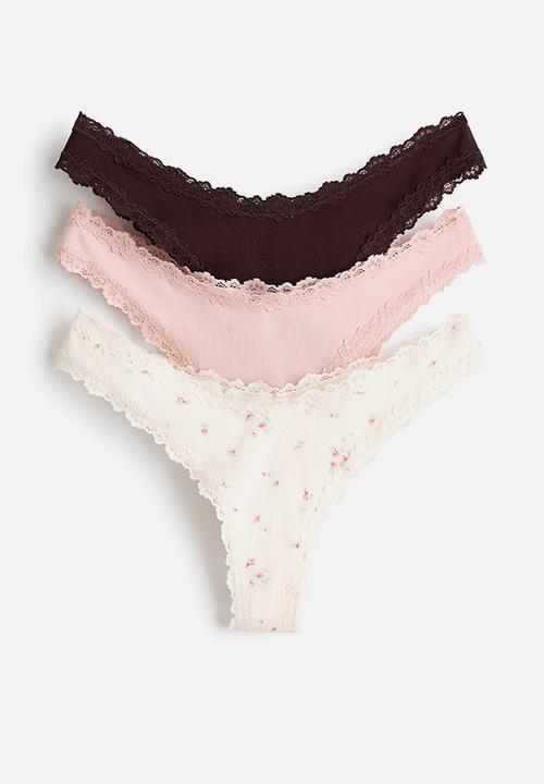 3-pack lace-trimmed brazilian briefs - black/light pink/floral