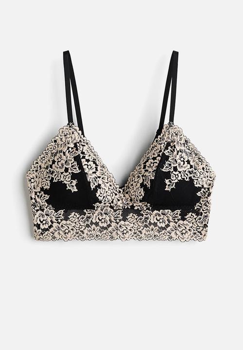 H&M - Padded soft lace bra - black/cream