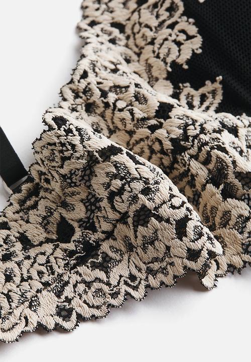 H&M - Padded soft lace bra - black/cream