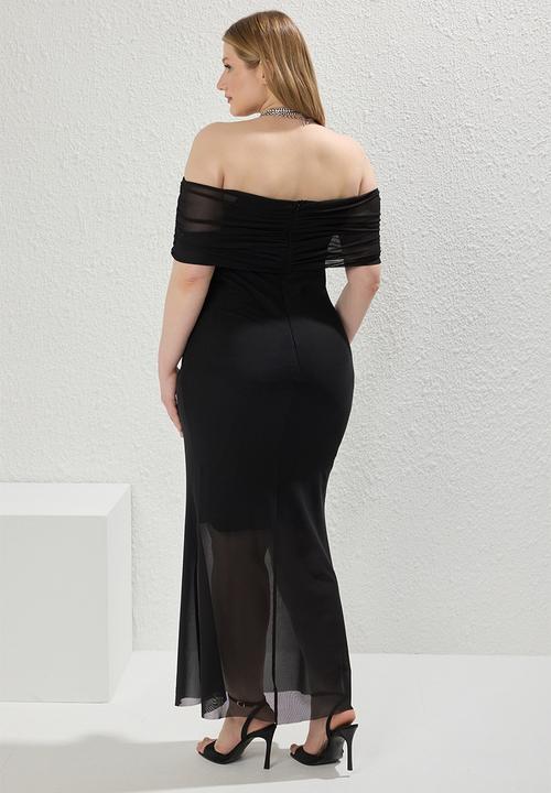 Trendyol - Plus carmen collar tulle knitted dress - black