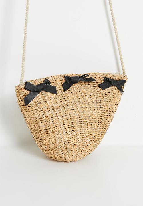 Pop Candy - Bow adorned straw bag - neutral/black