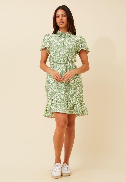 MANDI - Cap Sleeve Button Through Midi Dress With Flutter At Hem - Green