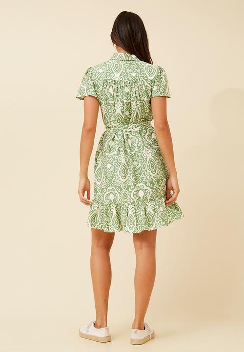 MANDI - Cap Sleeve Button Through Midi Dress With Flutter At Hem - Green