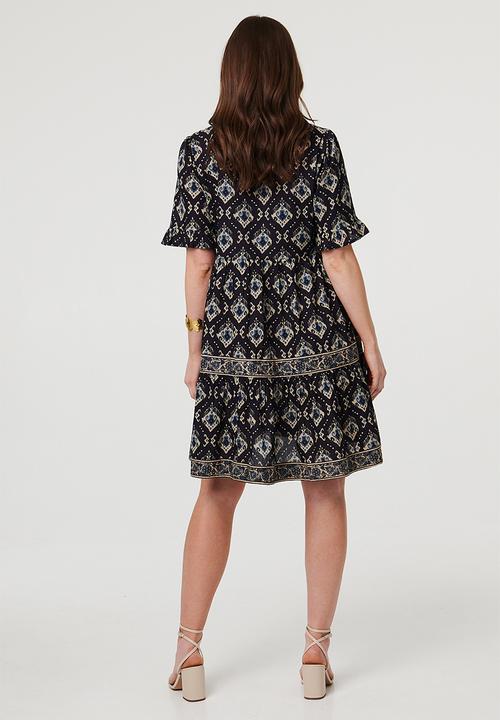 MANDI - Half Sleeve A-Line Midi Dress With Neck Tie Border Print - Navy