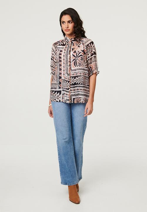 Izabel London - S/S With Elastic Button Through With Embroidery Detail Down Placket - Multi Brown