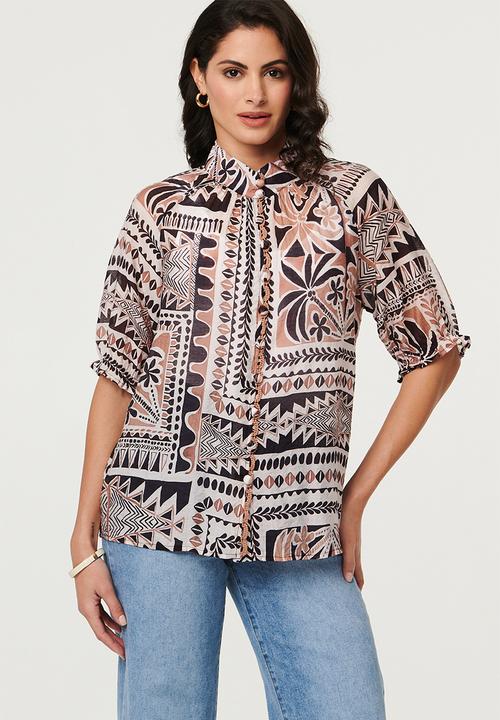 Izabel London - S/S With Elastic Button Through With Embroidery Detail Down Placket - Multi Brown