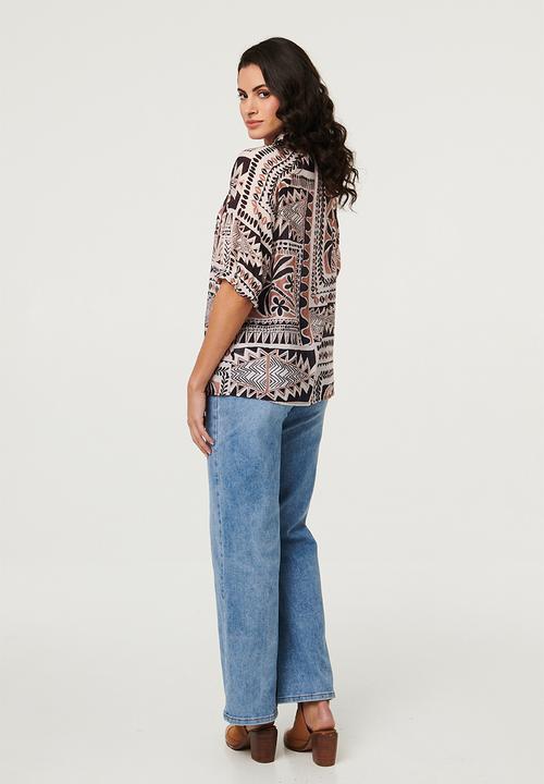 Izabel London - S/S With Elastic Button Through With Embroidery Detail Down Placket - Multi Brown