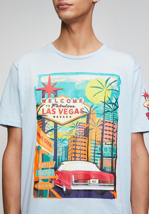 Brave Soul - Crew Neck Short Sleeve T-Shirt - Baby Blue/Multi-Colour Print
