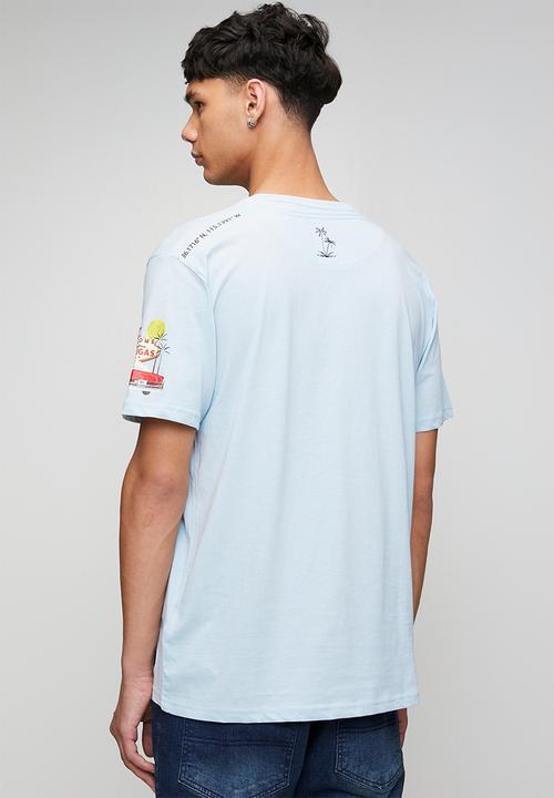 Brave Soul - Crew Neck Short Sleeve T-Shirt - Baby Blue/Multi-Colour Print