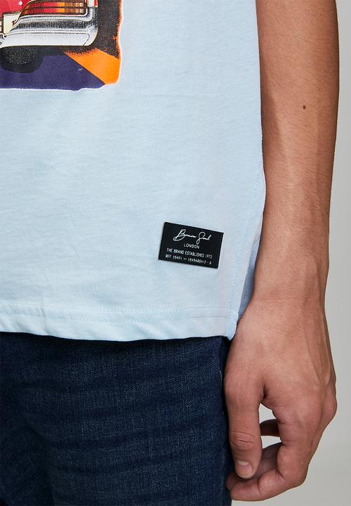 Brave Soul - Crew Neck Short Sleeve T-Shirt - Baby Blue/Multi-Colour Print