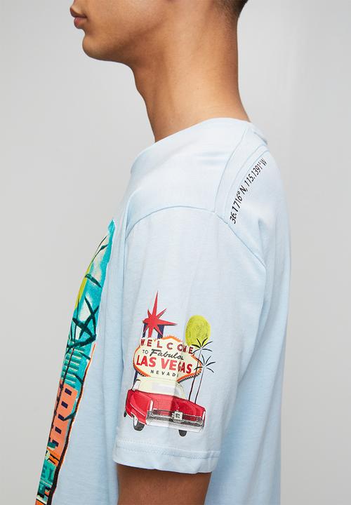 Brave Soul - Crew Neck Short Sleeve T-Shirt - Baby Blue/Multi-Colour Print