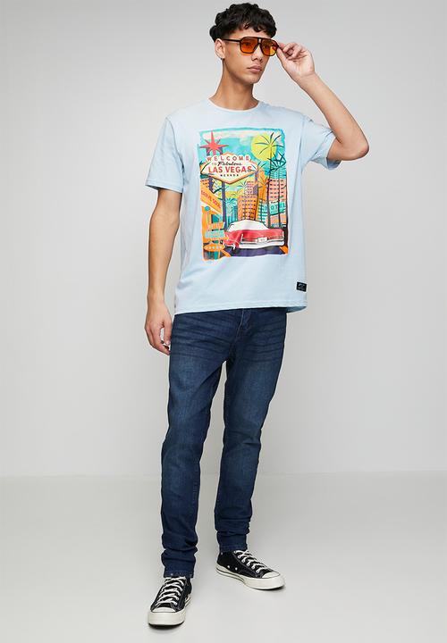 Brave Soul - Crew Neck Short Sleeve T-Shirt - Baby Blue/Multi-Colour Print