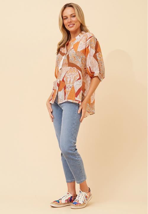 Izabel London - Half Sleeve Batwing Easy Wearing Printed Sheer Blouse With Back Button Stand Detail - Orange